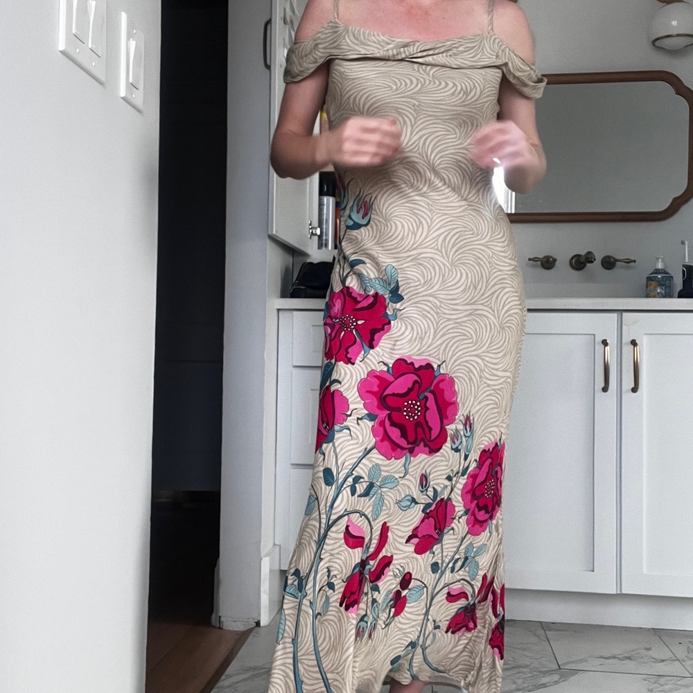 Nude Floral Off-Shoulder Maxi silky Dress